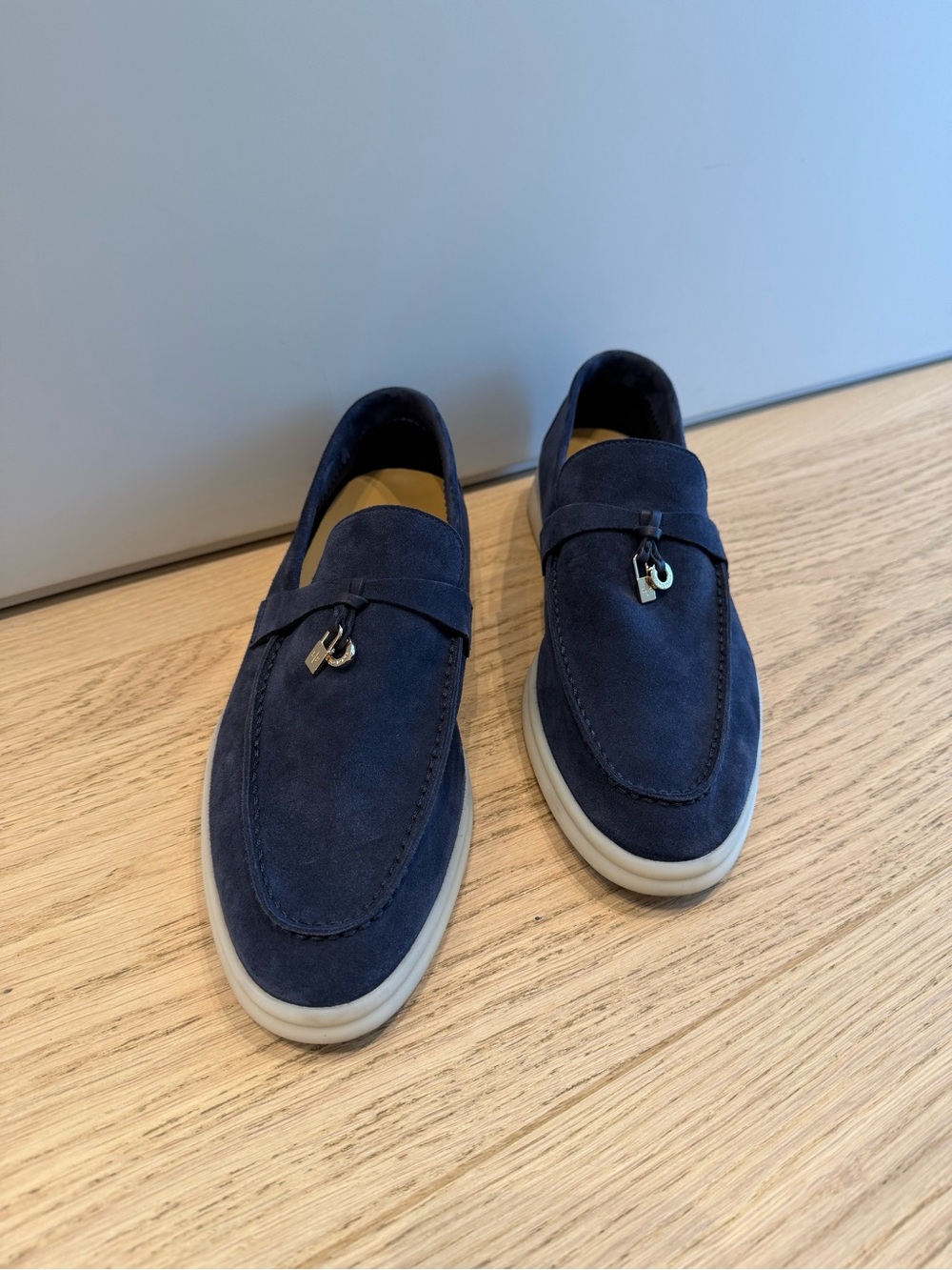 Women Navy Suede Slip-On Loafers with Decorative Hardware